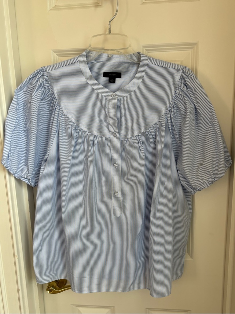 J. Crew Blue and White Pinstripe Collarless Button Shirt